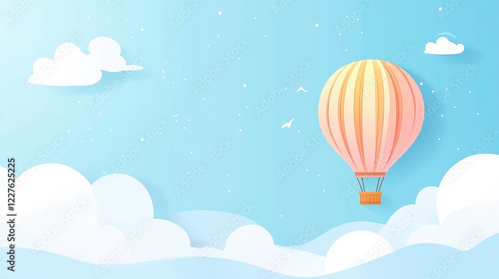 Colorful Hot Air Balloon Floating in a Clear Blue Sky with Soft Clouds and Ample Copy Space for Banner or Advertising Purposes Colorful Hot Air Balloon Floating in a Clear Blue Sky with Soft Clouds and Ample Copy Space for Banner or Advertising Purposes