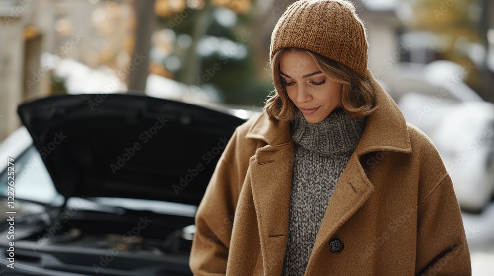 Confident woman inspecting motor oil level, wearing wool coat and beanie, standing beside open car hood during chilly winter conditions