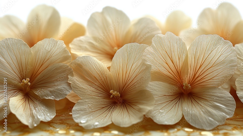 Cream flowers, water drops, gold background, spa, wellness Cream flowers, water drops, gold background, spa, wellness