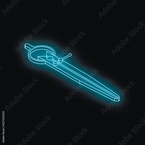 Neon blue caliper glowing on dark background, representing engineering, precision, and measurement
