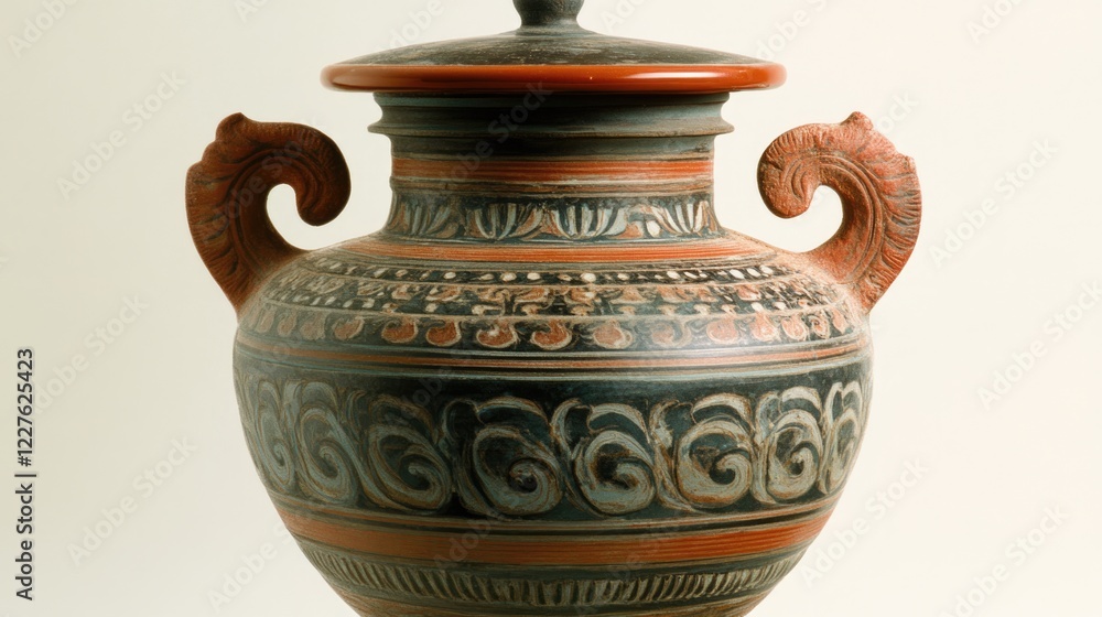 Ancient Vase with Elaborate Designs and Decorative Handles Featuring a Lid in Traditional Craftsmanship