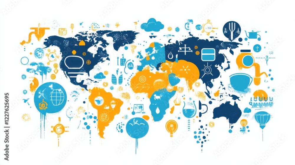 Naklejka premium Colorful world map illustration featuring various icons representing global themes and activities