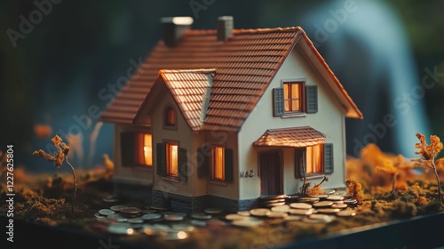 Wallpaper Mural House model illuminated on table surrounded by coins symbolizing financial investment and real estate concept in warm lighting ambiance. Torontodigital.ca