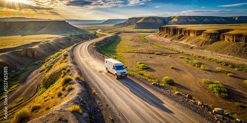 Aerial View: White Van on Scenic Scablands Coulee Road photo