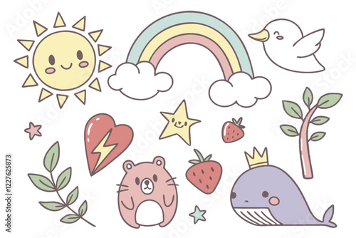 Cute hand-drawn icons, colorful children's illustrations, whimsical animals, celestial symbols, nature elements, kawaii style, pastel colors, simple shapes, playful design, sun, moon, lightning bolt, 