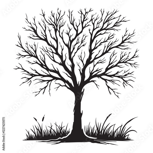 Silhouette of a Winter Tree with Grass at its Base Illustration