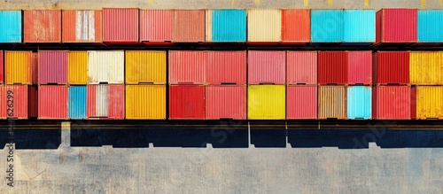 Vibrant shipping containers stacked on a freight vessel at a busy logistics port symbolizing international trade and maritime commerce photo