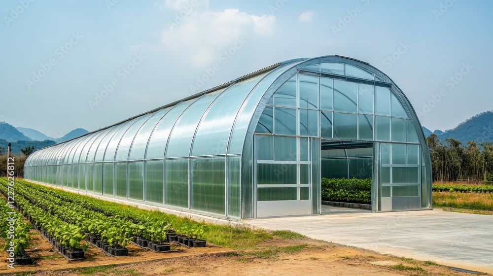 Modern Hydroponic Greenhouse for Sustainable Agriculture with Lush Vegetation and Scenic Mountain Background Modern Hydroponic Greenhouse for Sustainable Agriculture with Lush Vegetation and Scenic Mountain Background