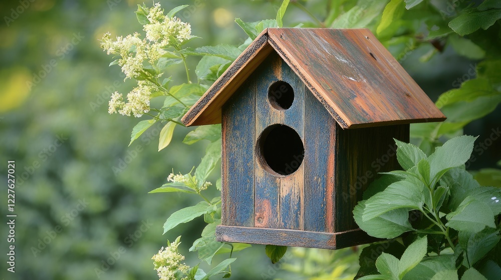 Wooden Birdhouse Nestled Among Green Leaves Ideal for Summer Birds Home Decor Natural Outdoors Environment Wooden Birdhouse Nestled Among Green Leaves Ideal for Summer Birds Home Decor Natural Outdoors Environment