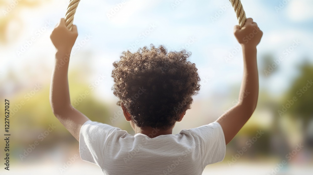 Young curly haired boy jumping energetically on backyard trampoline, gripping safety ropes with raised arms during bright summer day, experiencing playful freedom