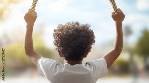 Obraz na płótnie Young curly haired boy jumping energetically on backyard trampoline, gripping safety ropes with raised arms during bright summer day, experiencing playful freedom w salonie