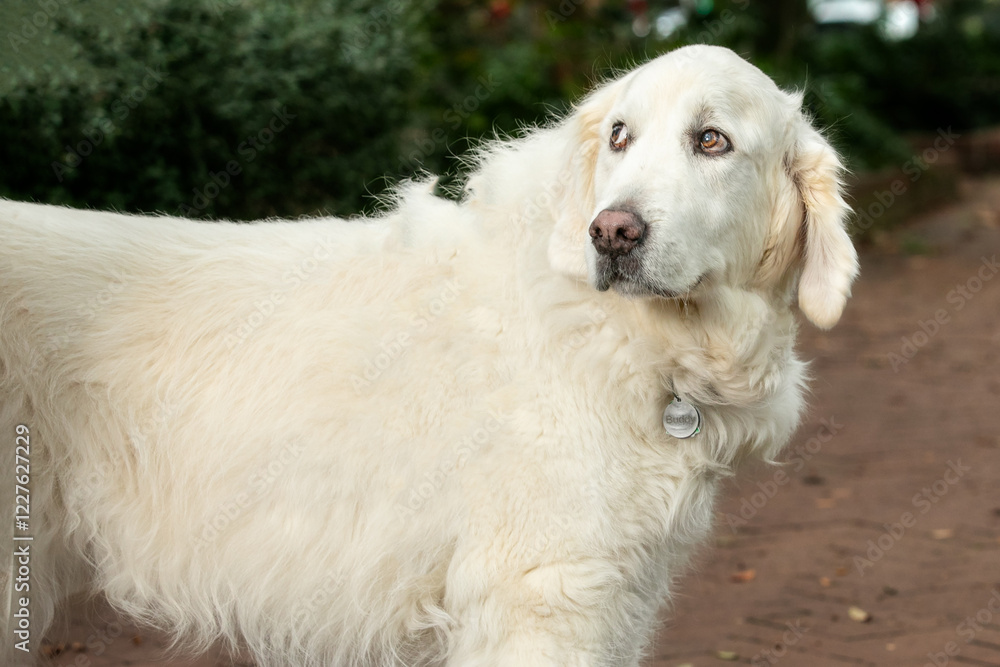 White lab looking over shoulder with side eyes White lab looking over shoulder with side eyes