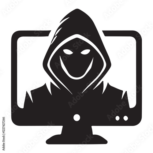 Smiling Evil Hacker Silhouette Peeking From a Computer Screen