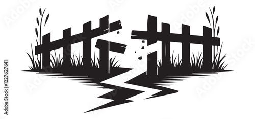 Dramatic Broken Fence with Crack in Ground