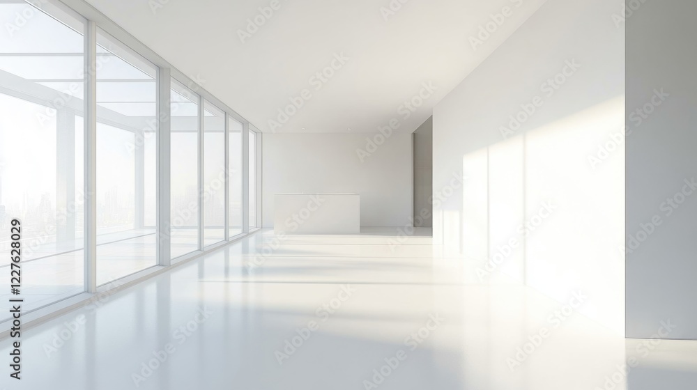 Fototapeta premium Modern minimalist office interior featuring large glass windows and a bright, airy atmosphere with white and metal design elements.