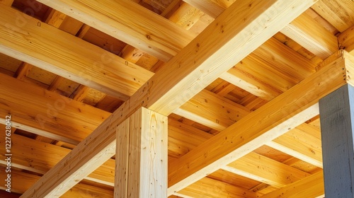 Modern timber frame construction showcasing detailed craftsmanship and ample copy space for advertising or informational purposes