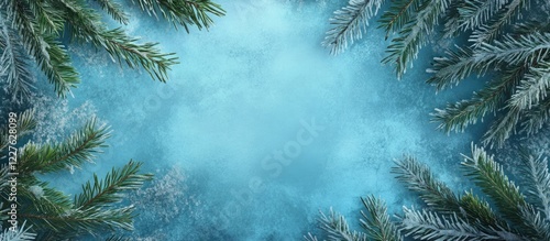 Icy evergreen branches with frosty needles framing a cool blue space for text or design elements in a winter theme photo