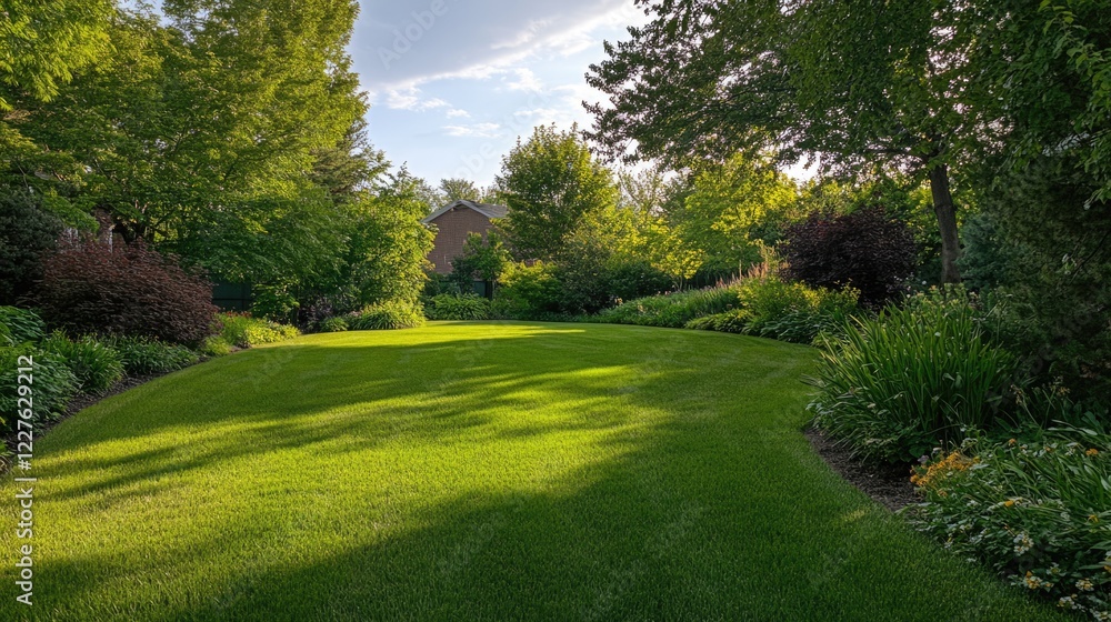 Lush green lawn freshly aerated and verified with vibrant foliage under a clear sky creating a tranquil outdoor space Lush green lawn freshly aerated and verified with vibrant foliage under a clear sky creating a tranquil outdoor space