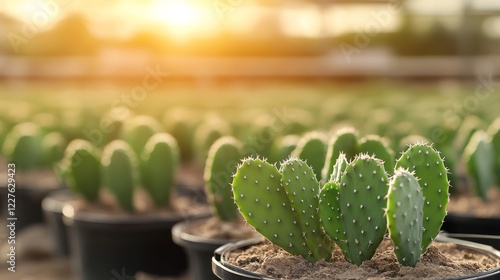 Potted prickly pear cacti lining greenhouse shelves, basking in golden sunset light, highlighting sustainable agriculture and plant cultivation methods