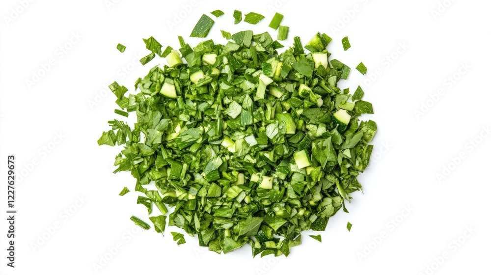 Obraz premium Chopped fresh zucchini and greens isolated on a white background for healthy cooking and ingredient preparation concepts