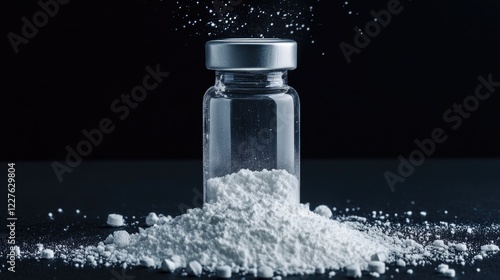 Lyophilized powder in vial ready for reconstitution into injectable solution with scattered powder on dark background