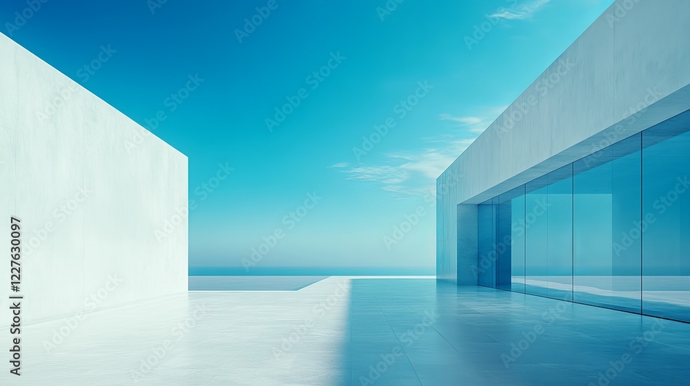 Obraz premium Elegant White Building Standing Tall Against a Bright Blue Sky Evoking Feelings of Calmness and Clarity in a Picturesque Urban Setting Showcasing Contemporary Architectural Design Elements