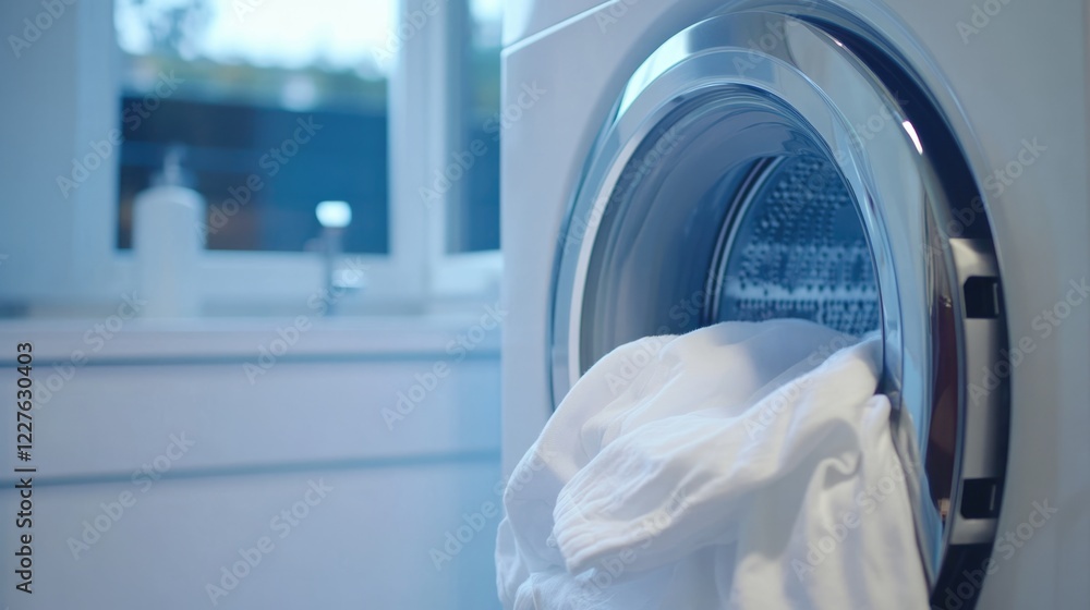 Laundry Room Scene Featuring Freshly Clean White Sheets in Front-Loading Washing Machine Laundry Room Scene Featuring Freshly Clean White Sheets in Front-Loading Washing Machine