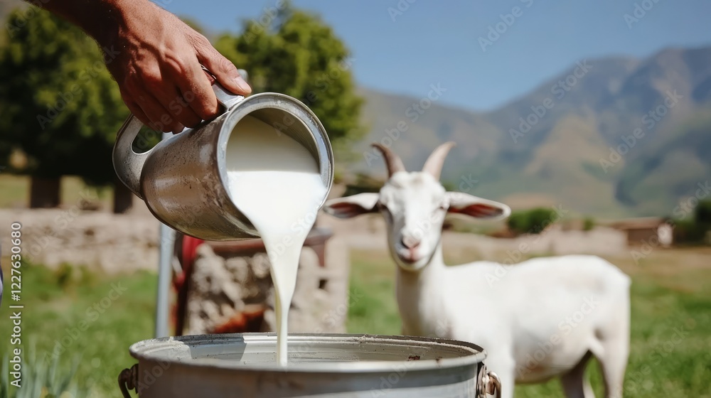 Farmer pouring fresh goat milk from metal jug into large can, white goat grazing nearby, depicting traditional rural dairy farming scene