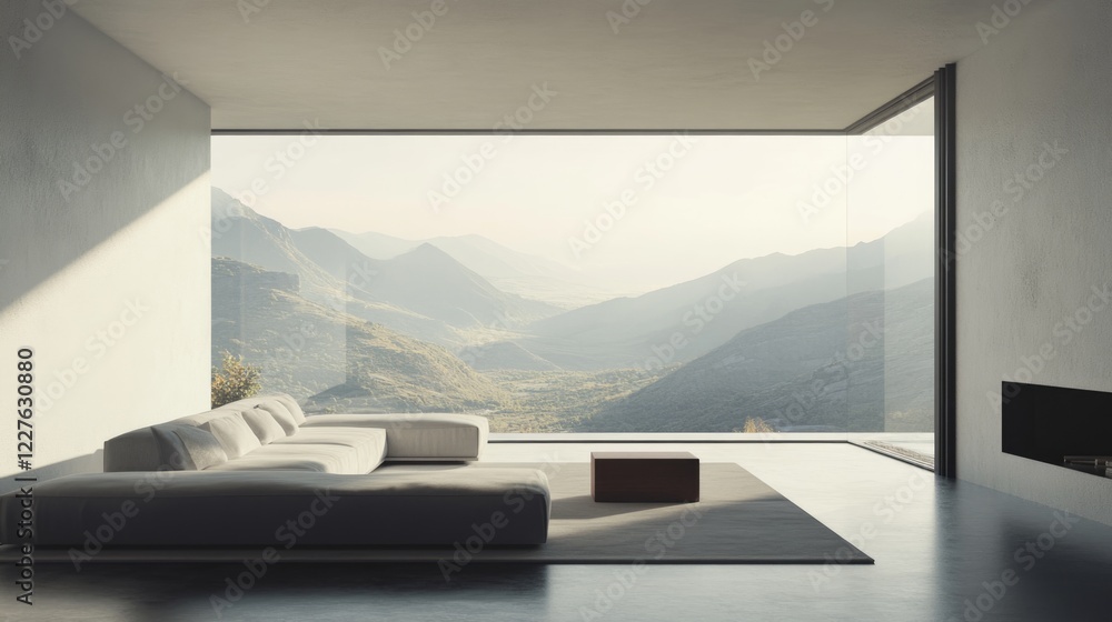 Fototapeta premium Minimalist living room design with spacious sofa and panoramic mountain view through large windows showcasing serene landscape.