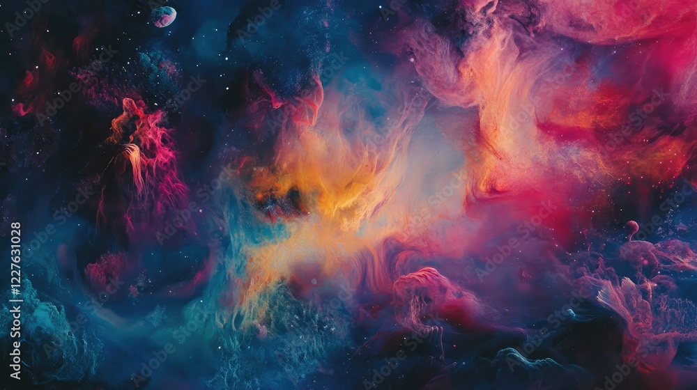 Fototapeta premium Vibrant Underwater Cosmic Abstract Scene Showcasing Colorful Flora and Stellar Elements in a Mystical Ocean Environment
