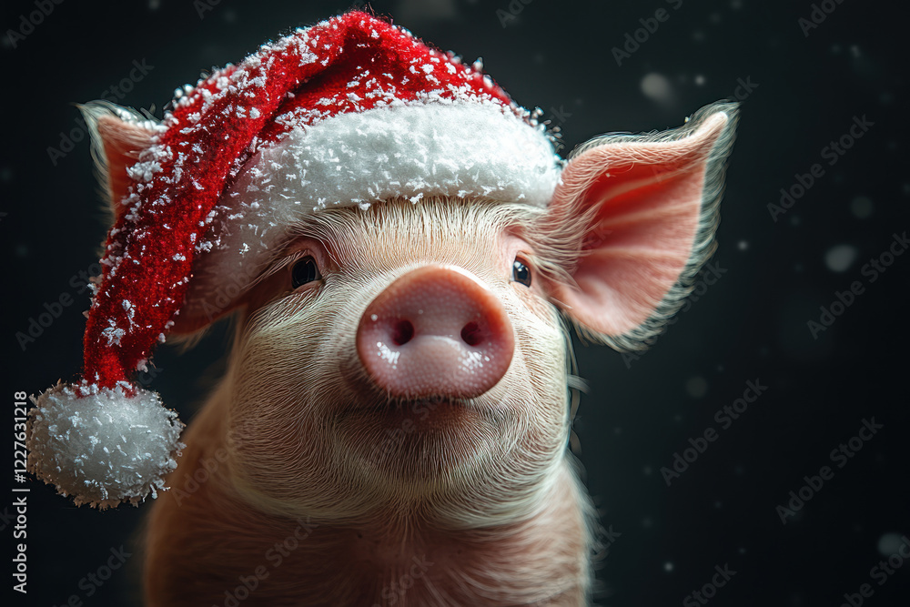 Φωτογραφία niedliches Ferkel mit Santa Claus mütze im Winter, mit Generative AI - also künstlicher Inteligenz erzeugt