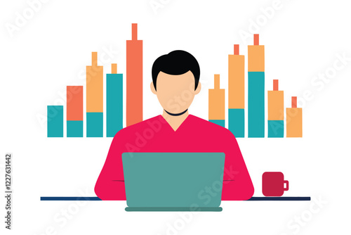 A silhouette vector of a financial trader on a laptop with stock market charts in the background. Ideal for financial, investment, and business-related designs, with a clean white background