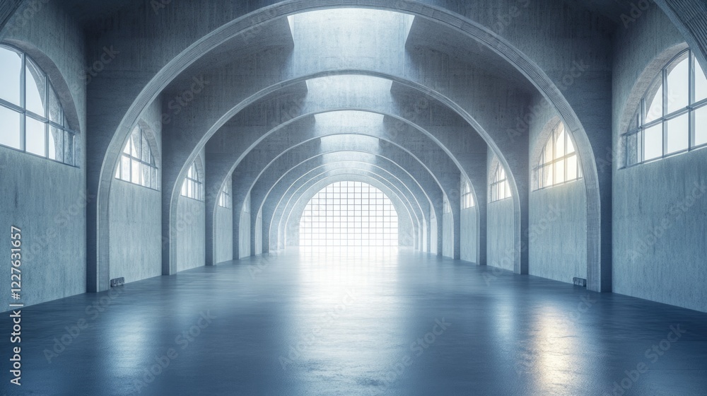 Industrial Interior with Vaulted Concrete Arches and Spacious Passageway Bathed in Natural Light Creating a Serene Atmosphere Industrial Interior with Vaulted Concrete Arches and Spacious Passageway Bathed in Natural Light Creating a Serene Atmosphere