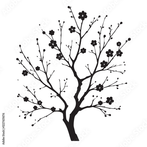 Artistic Silhouette of a Flowering Plum Branch