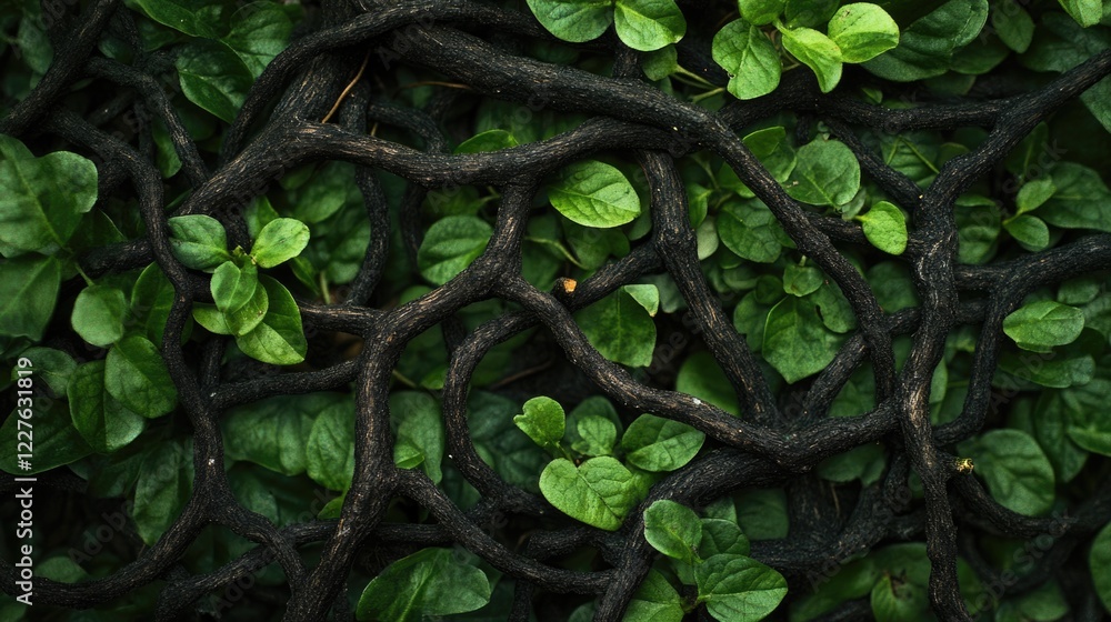 Naklejka premium Organic Network of Intertwined Roots and Leaves Illustrating Vulnerability in Ecological Systems Amid Environmental Threats