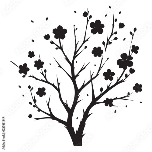 Delicate Silhouette of a Blooming Plum Tree