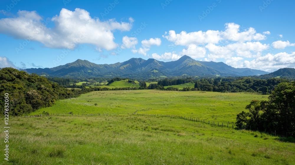 A serene landscape featuring lush green fields, distant mountains, and a bright blue sky with fluffy clouds. A serene landscape featuring lush green fields, distant mountains, and a bright blue sky with fluffy clouds.