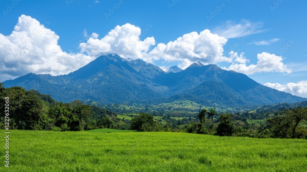 Lush green fields with majestic mountains under a clear blue sky and fluffy clouds create a stunning natural landscape. Lush green fields with majestic mountains under a clear blue sky and fluffy clouds create a stunning natural landscape.