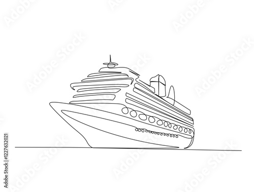 Continuous one line drawing of Cruise ship sailing in the sea. Cruise ship in single line draw illustration. Editable stroke.