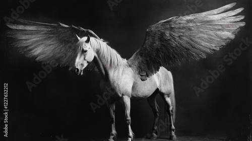 Majestic winged horse rearing on two legs in dramatic black and white photography conveying imagination and fantasy. photo