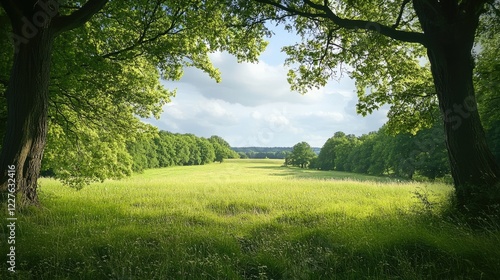 Fototapeta Naklejka Na Ścianę i Meble -  Serene digitally illustrated lush meadow landscape framed by trees showcasing tranquility and natural beauty in a peaceful hinterland setting
