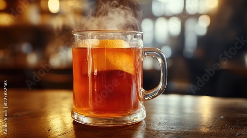 Refreshing hot beverage in a transparent glass cup with steam and citrus on a wooden table in a cozy cafe ambiance photo