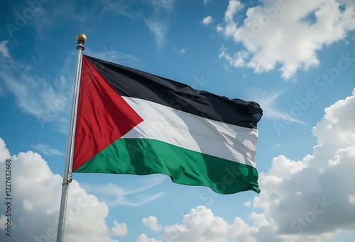 Stunning view of the Palestine flag proudly waving against a bright sky, symbolizing resilience and unity.
