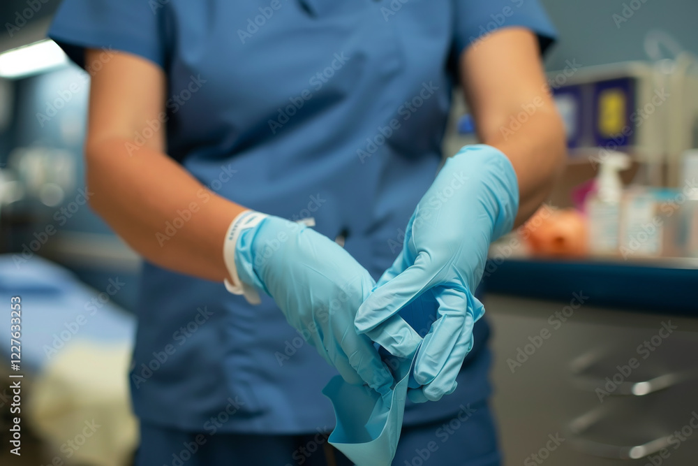 Focused female nurse in scrubs preparing medical equipment in a hospital room. Focused female nurse in scrubs preparing medical equipment in a hospital room.