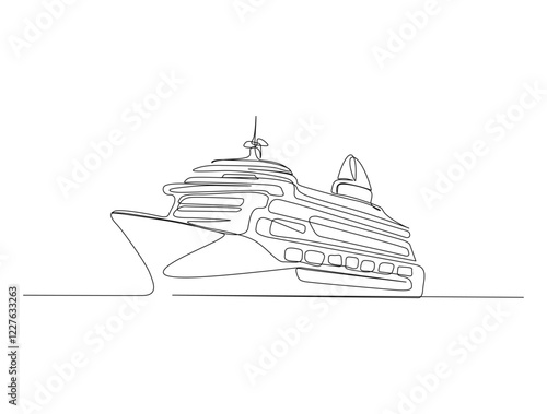 Continuous one line drawing of Cruise ship sailing in the sea. Cruise ship in single line draw illustration. Editable stroke. photo