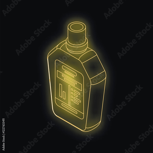 Yellow glowing neon bottle with label on black background, isometric view