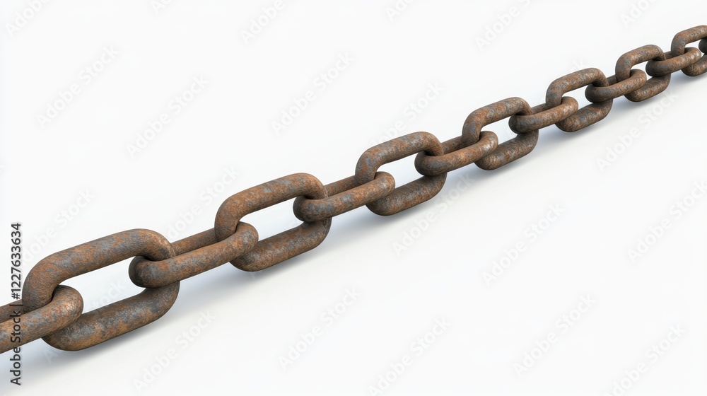 Fototapeta premium Rusty metal chain lying on a white surface, showcasing its texture and wear, ideal for industrial themes