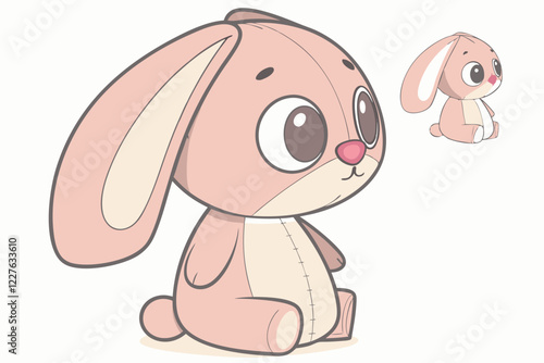 Cute plush bunny toy, soft pastel peach color, large floppy ears, big round eyes, small pink nose, chubby body, kawaii style, chibi proportions, smooth texture, minimalist design, 3D render, studio li