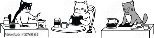 A collection of playful line art illustrations featuring funny cats engaging in various coffee shop activities, from brewing coffee to serving food, in a cozy cafe setting.