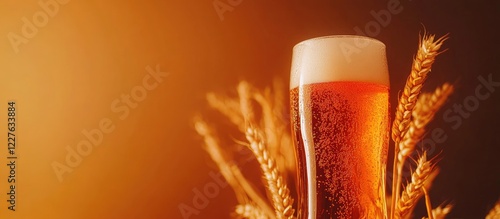 Lager beer glass with wheat ears on dark orange background for beer festival celebration and advertising purposes with copy space for text photo